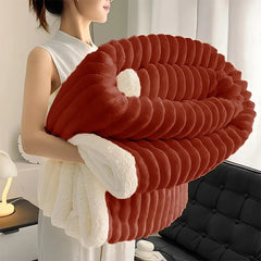 Weighted Sherpa Fleece Blanket – Ultra-Soft Faux Rabbit Fur, Warm & Cozy Bed Throw, Beige & White Striped Bedspread