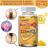 Vitamin D3 + K2 (10000 IU) Supplement – Bone Strength, Immune Support & Cardiovascular Health – Hair, Skin & Nail Wellness – 60 Capsules