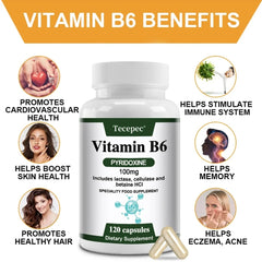 Vitamin B6 100mg Supplement with Lactase, Cellulase & Betaine – Supports Brain Health, Energy & Heart Wellness – Non-GMO