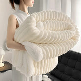 Weighted Sherpa Fleece Blanket – Ultra-Soft Faux Rabbit Fur, Warm & Cozy Bed Throw, Beige & White Striped Bedspread