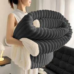 Weighted Sherpa Fleece Blanket – Ultra-Soft Faux Rabbit Fur, Warm & Cozy Bed Throw, Beige & White Striped Bedspread