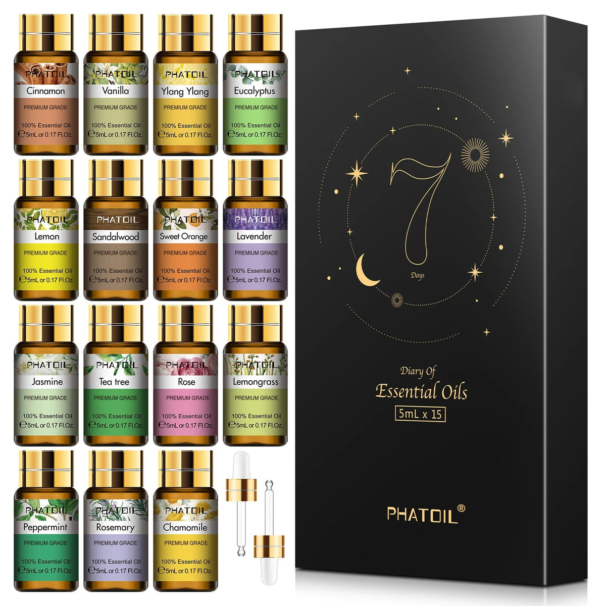 🌿 PHATOIL 15pcs Essential Oils Set – 100% Natural Plant Aromatherapy Oils for Diffuser, Massage & Relaxation (Eucalyptus, Lavender, Rose, Vanilla, Mint, Tea Tree & More)