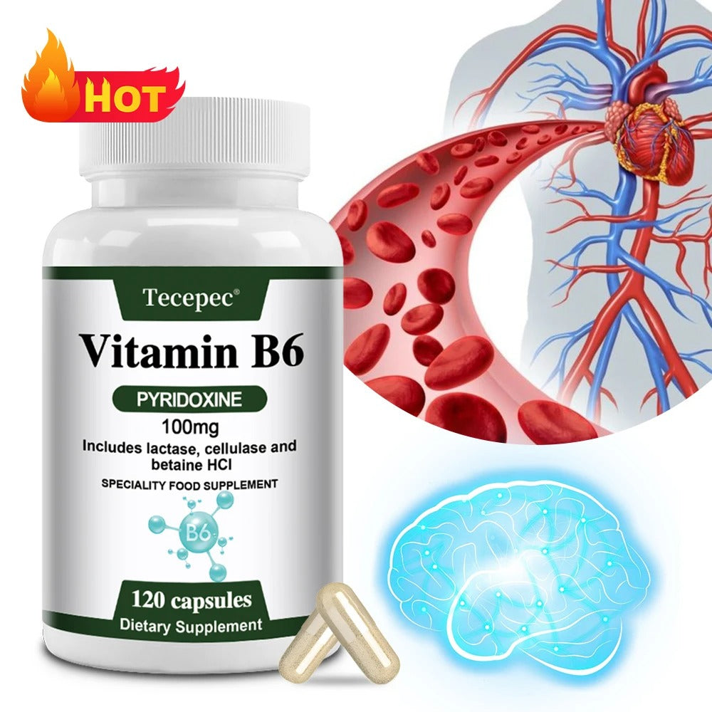 Vitamin B6 100mg Supplement with Lactase, Cellulase & Betaine – Supports Brain Health, Energy & Heart Wellness – Non-GMO