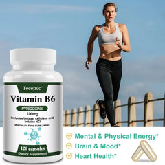Vitamin B6 100mg Supplement with Lactase, Cellulase & Betaine – Supports Brain Health, Energy & Heart Wellness – Non-GMO