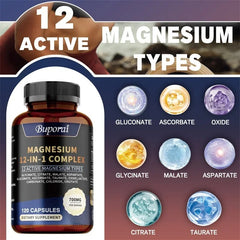 Magnesium Complex Supplement – Bone & Heart Health Support | Glycinate, Citrate, Malate, Aspartate, Gluconate, Ascorbate + Taurine – 120 Capsules