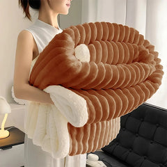 Weighted Sherpa Fleece Blanket – Ultra-Soft Faux Rabbit Fur, Warm & Cozy Bed Throw, Beige & White Striped Bedspread