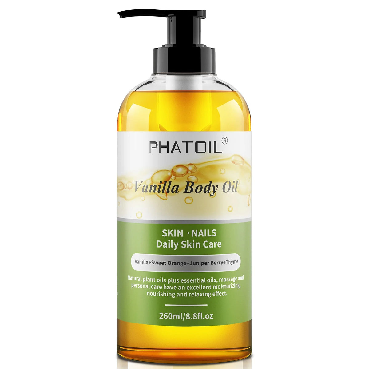 PHATOIL 260ml Aromatherapy Body Oil – Moisturizing Massage Oil for Skin Nourishment & Relaxation (Vanilla / Ginger / Grapefruit / Basil / Lavender / Rosemary / Rose)